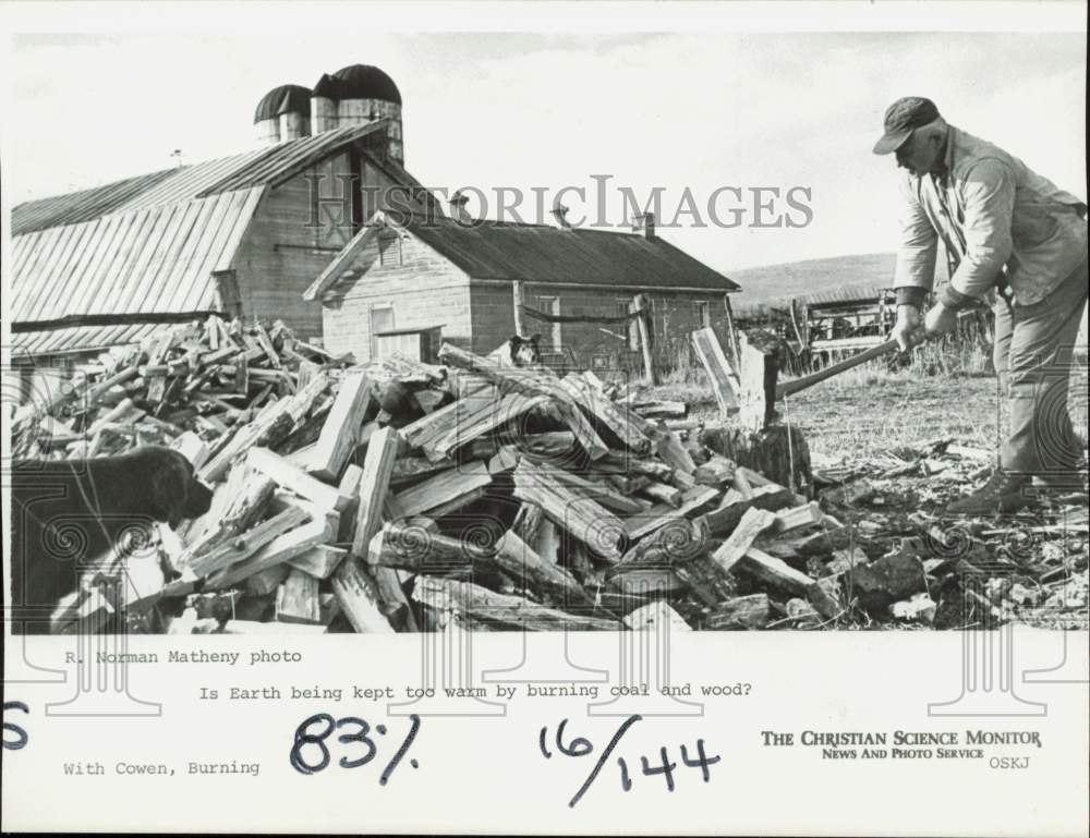 Press Photo Man Splitting Firewood on Farm - lrb19868- Historic Images