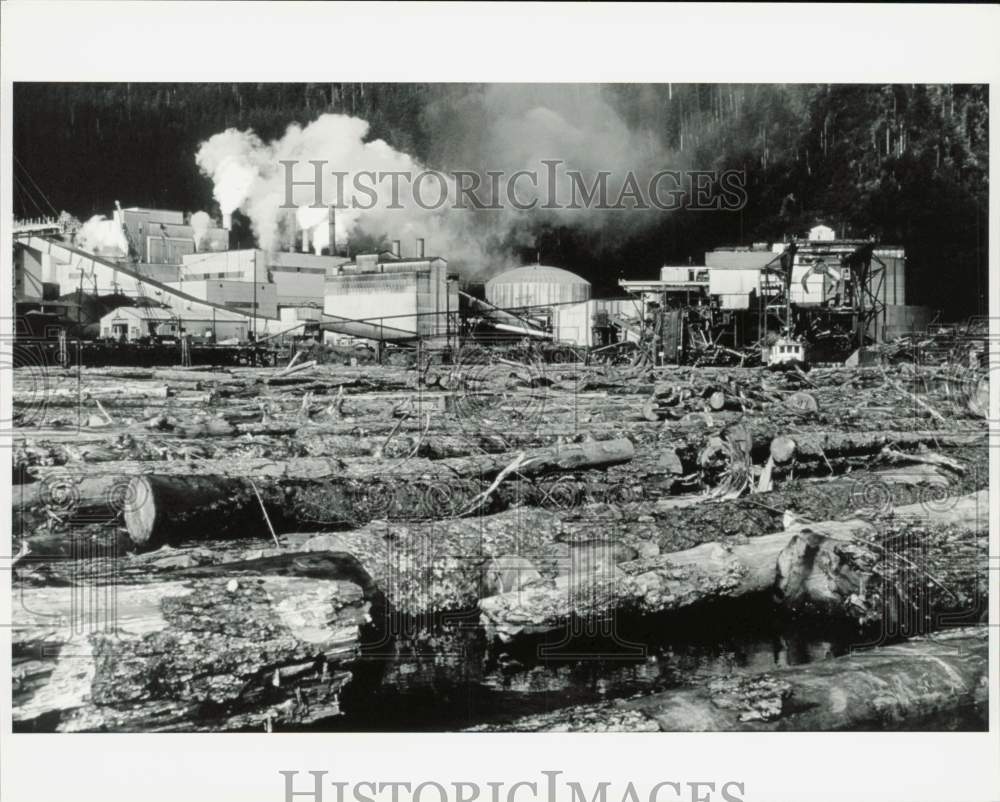 1990 Press Photo Logs stacked and waiting at Alaska Pulp Corporation mill, Sitka- Historic Images