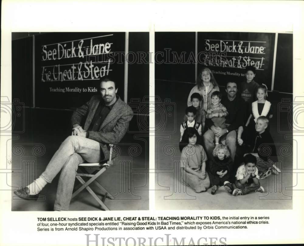 1989 Press Photo Tom Selleck hosts &quot;See Dick &amp; Jane Lie, Cheat &amp; Steal&quot;- Historic Images