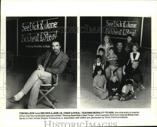 1989 Press Photo Tom Selleck hosts "See Dick & Jane Lie, Cheat & Steal"- Historic Images