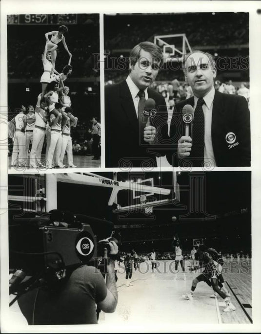 Press Photo CBS cameraman at basketball game, cheerleaders & announcers- Historic Images