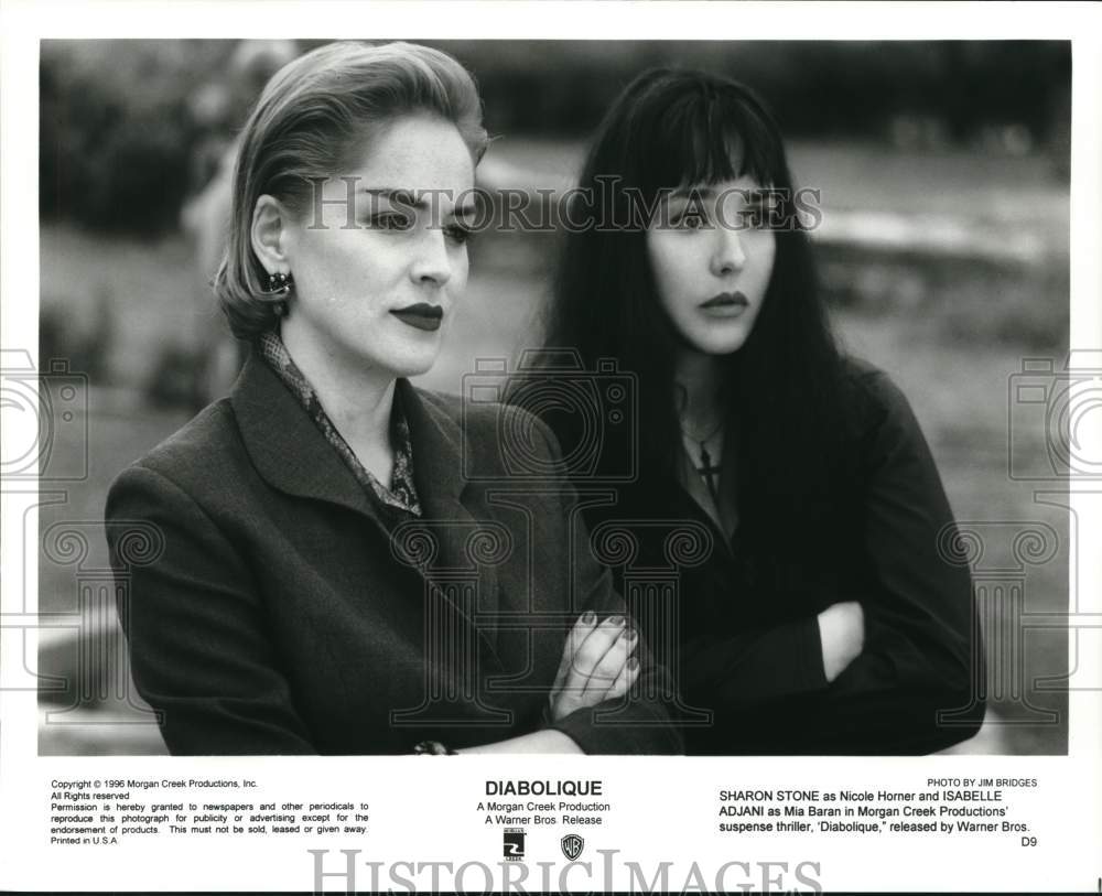 1996 Press Photo Sharon Stone and Isabelle Adjani star in the film &quot;Diabolique&quot;- Historic Images