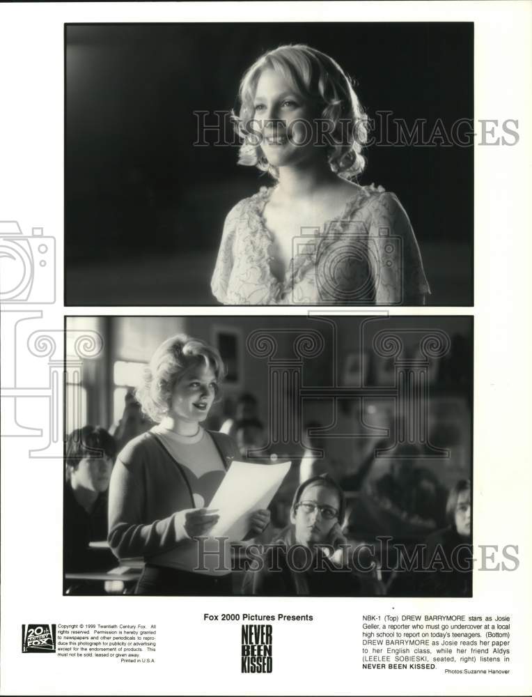 1999 Press Photo Drew Barrymore &amp; Leelee Sobieski in &quot;Never Been Kissed&quot; Movie- Historic Images