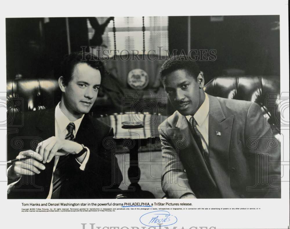 1993 Press Photo Tom Hanks and Denzel Washington in &quot;Philadelphia&quot; Movie- Historic Images