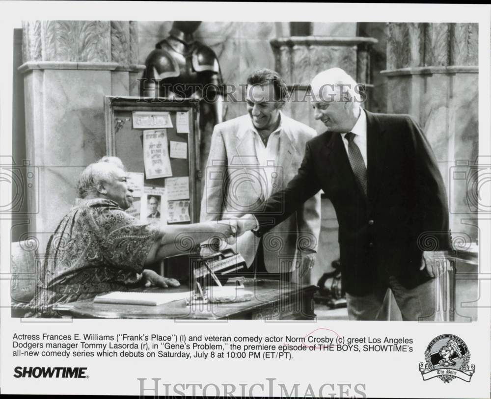 Press Photo Frances E. Williams, Norm Crosby, Tommy Lasorda on &quot;The Boys&quot;- Historic Images