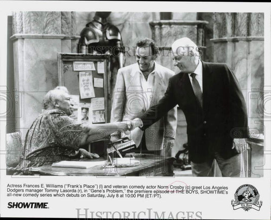 Press Photo Frances E. Williams, Norm Crosby, Tommy Lasorda on "The Boys"- Historic Images