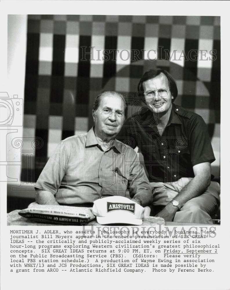 1983 Press Photo Mortimer J. Adler &amp; Mill Moyers in &quot;Six Great Ideas&quot; TV Series- Historic Images