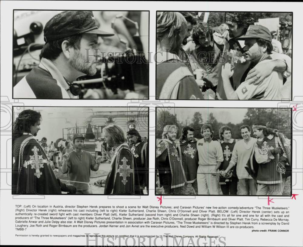 1993 Press Photo Stephen Herek &amp; Cast Members on &quot;The Three Musketeers&quot; Set- Historic Images