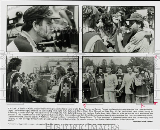 1993 Press Photo Stephen Herek & Cast Members on "The Three Musketeers" Set- Historic Images