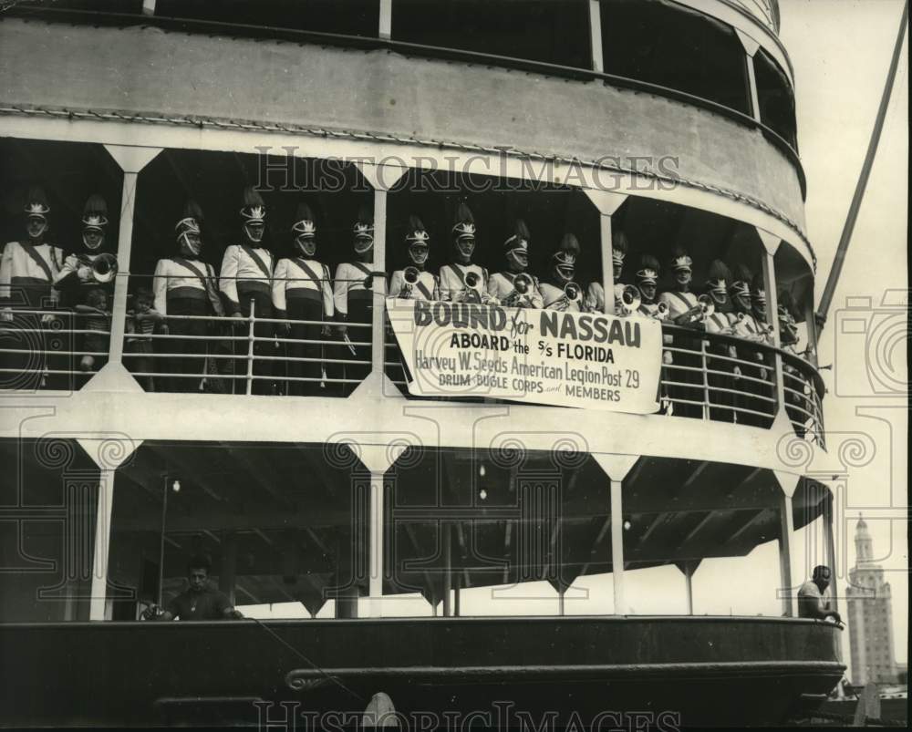 1955 Press Photo Harvey Seeds American Legion Post bugle corps on SS Florida- Historic Images