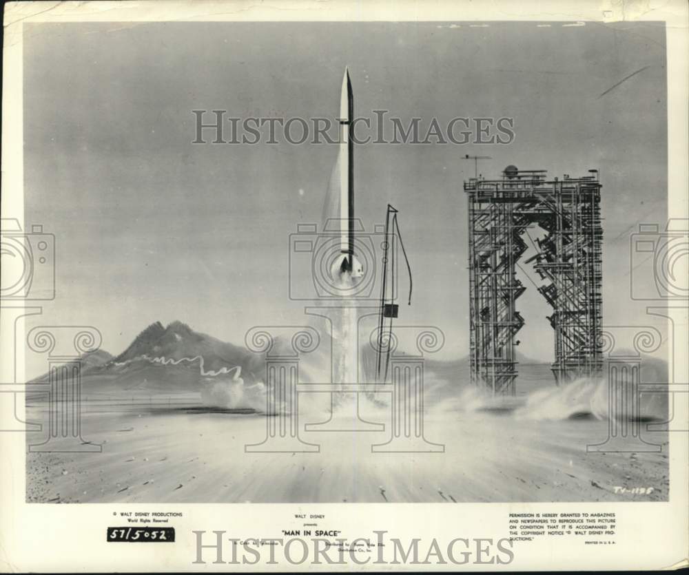 1957 Press Photo Spaceship launches in a scene from "Man In Space" - lrx65729- Historic Images
