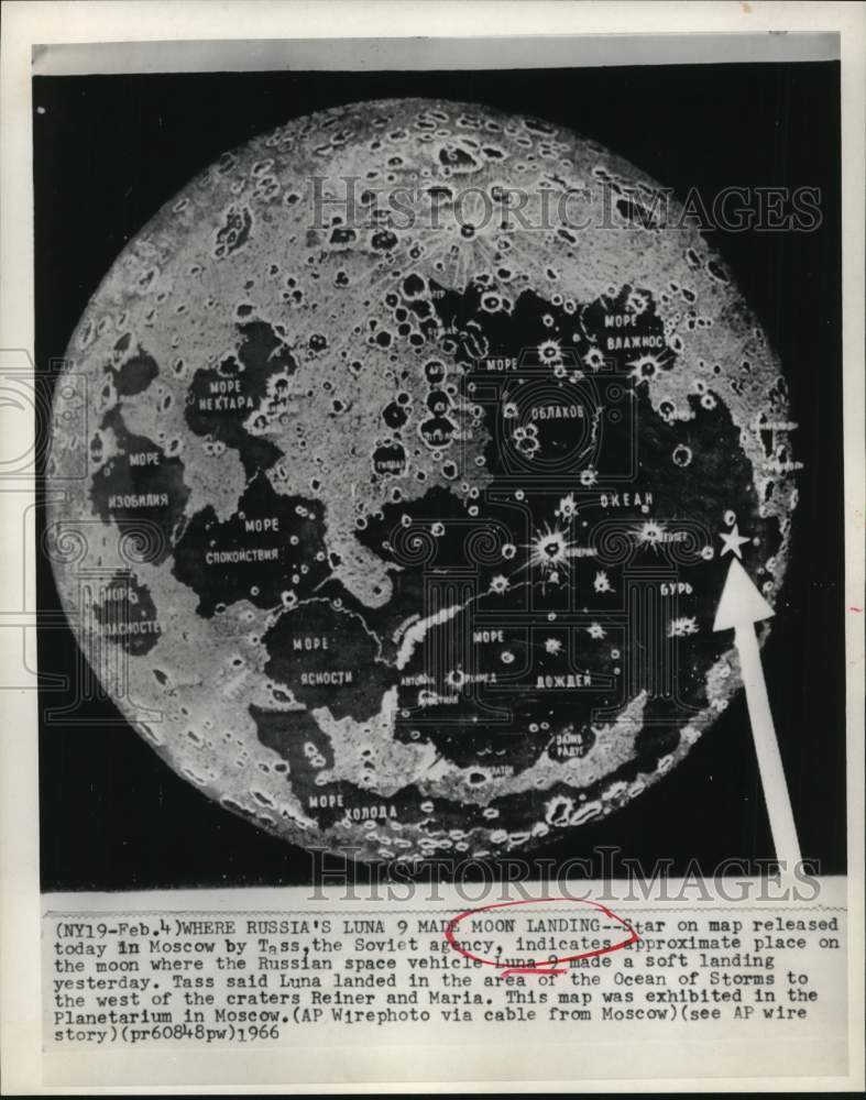 1966 Press Photo Map of the moon showing landing location of Luna 9 Spacecraft- Historic Images