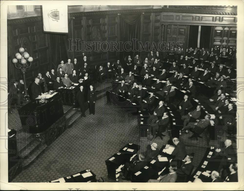 1933 Press Photo Massachusetts Gov Ely Reads Joint Session Message in Boston- Historic Images