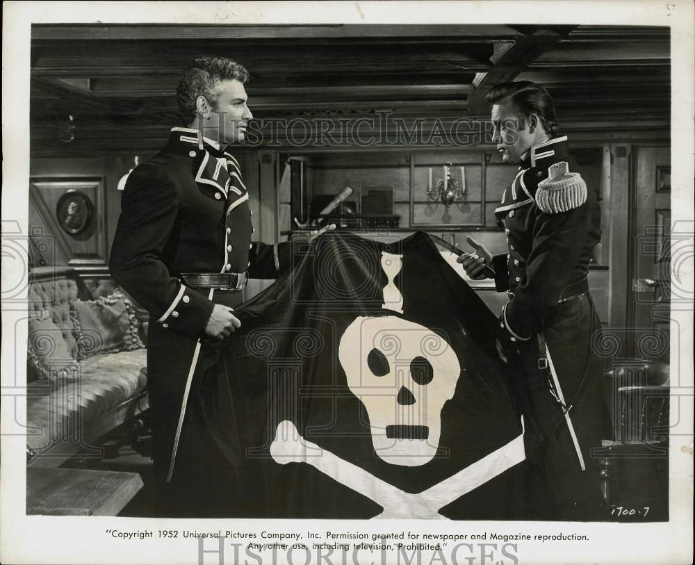 1952 Press Photo Jeff Chandler &amp; Scott Brady in a scene from &quot;Yankee Buccaneer&quot;- Historic Images