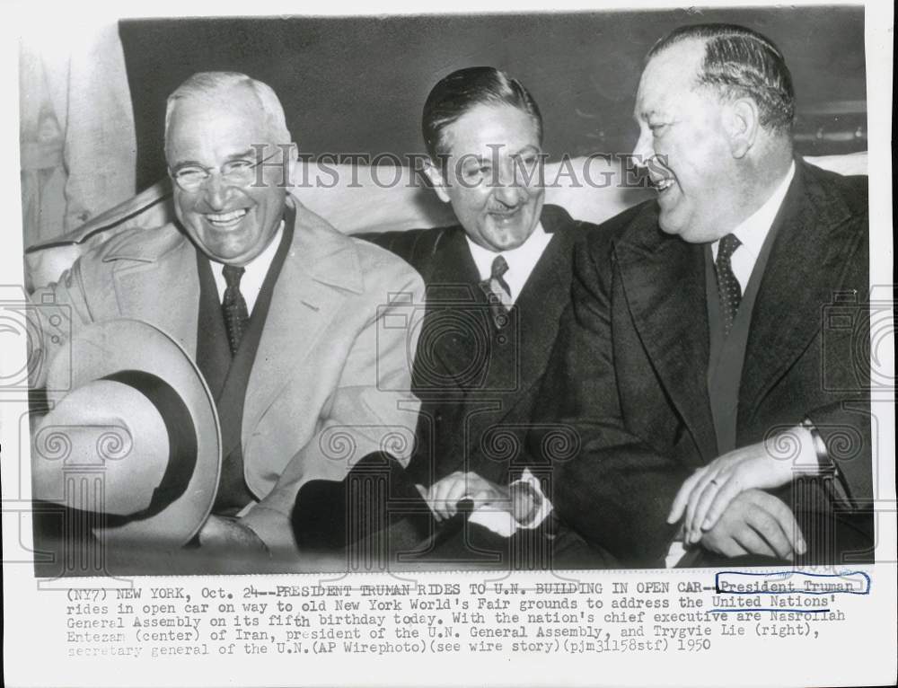 1950 Press Photo President Truman with UN Leaders Entezam and Lie in New York.- Historic Images