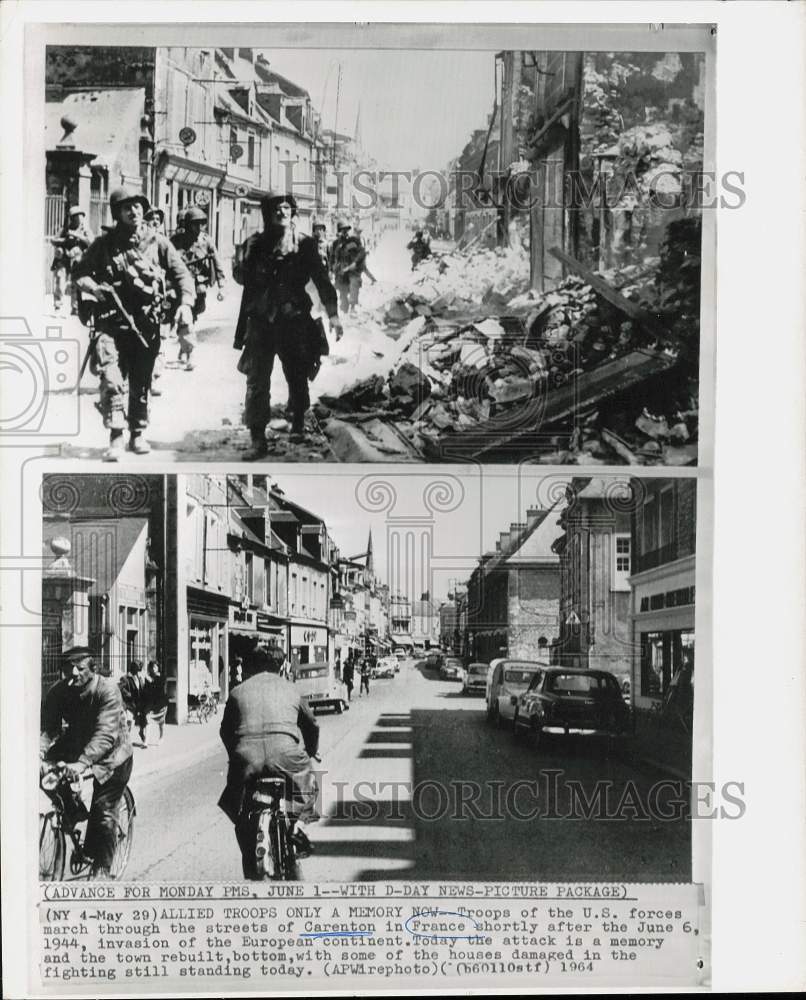 1964 Press Photo Contrast between war torn Carenton, France and today's Carenton- Historic Images