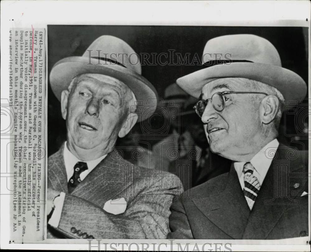 1951 Press Photo Harry S. Truman having a discussion with George C. Marshall- Historic Images