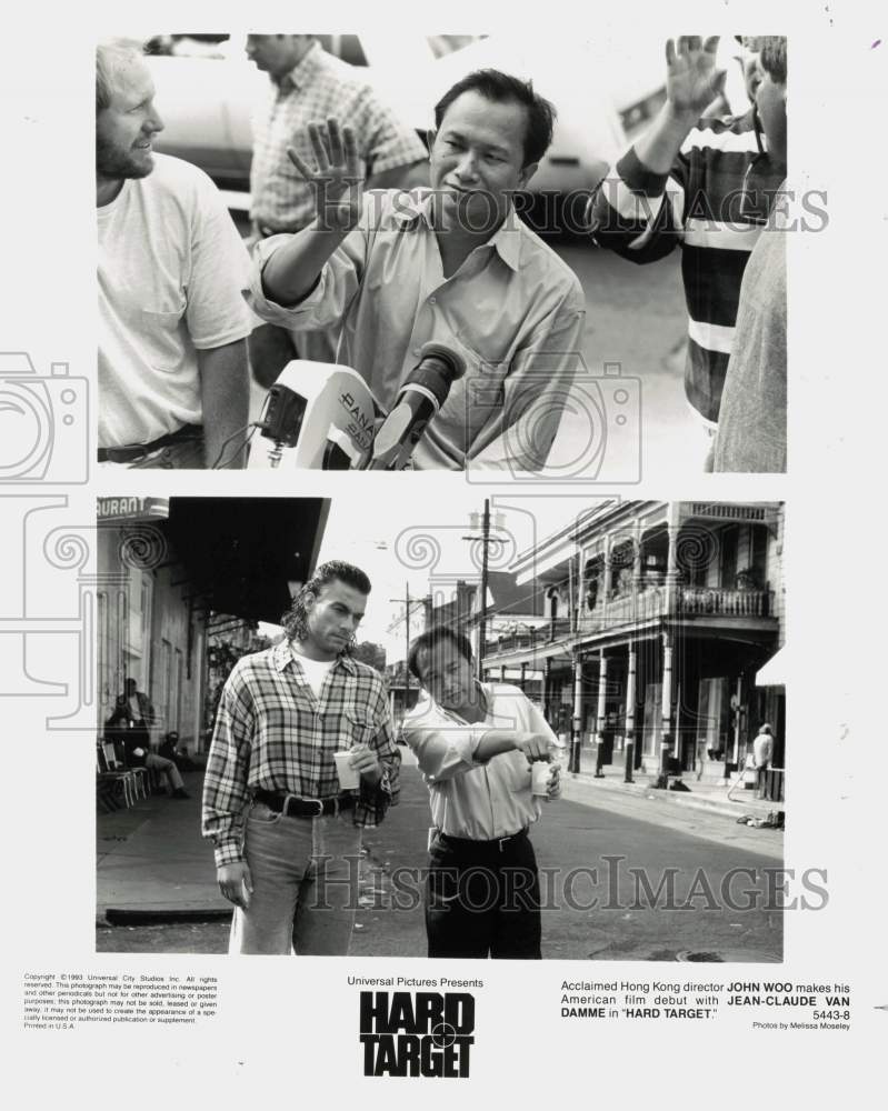 1993 Press Photo John Woo directs Jean-Claude Van Damme in &quot;Hard Target&quot;- Historic Images