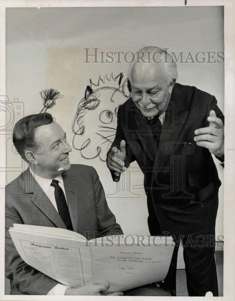 1967 Press Photo Arthur Fiedler &amp; Hugh Downs preparing for Boston Pops Concert- Historic Images