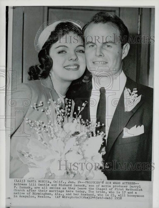 1958 Press Photo Lili Gentle & Richard Zanuck after their wedding, Santa Monica- Historic Images