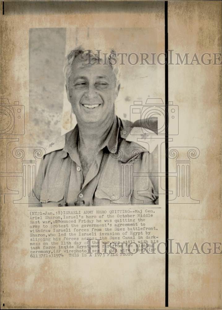 1973 Press Photo Maj. Gen. Ariel Sharon resigns from Israel&#39;s army in protest.- Historic Images