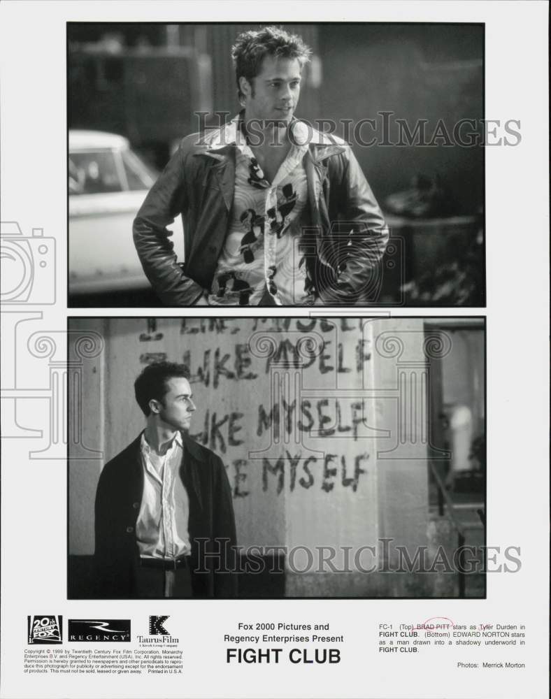 1999 Press Photo Actors Edward Norton &amp; Brad Pitt in &quot;Fight Club&quot; Movie- Historic Images