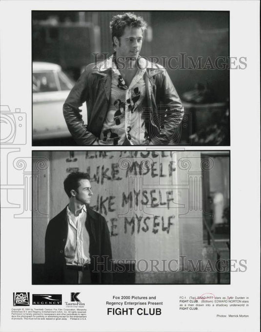 1999 Press Photo Actors Edward Norton & Brad Pitt in "Fight Club" Movie- Historic Images