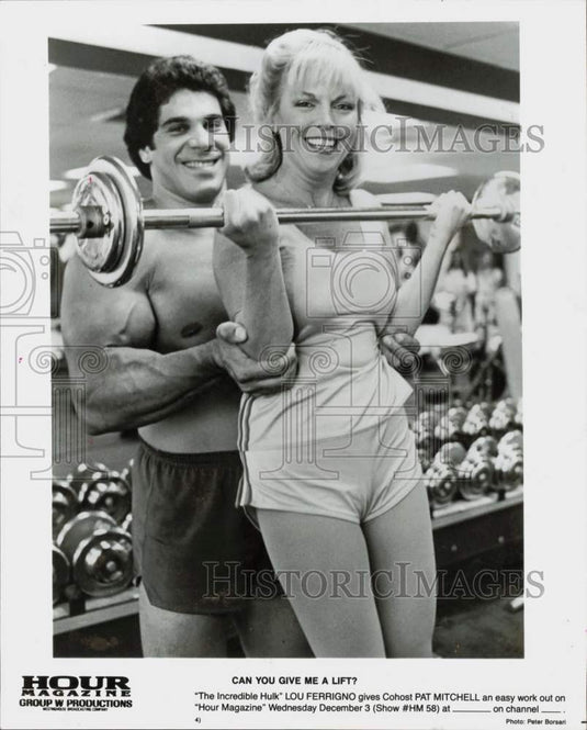 1980 Press Photo Lou Ferrigno and Pat Mitchell on "Hour Magazine." - lry28285- Historic Images