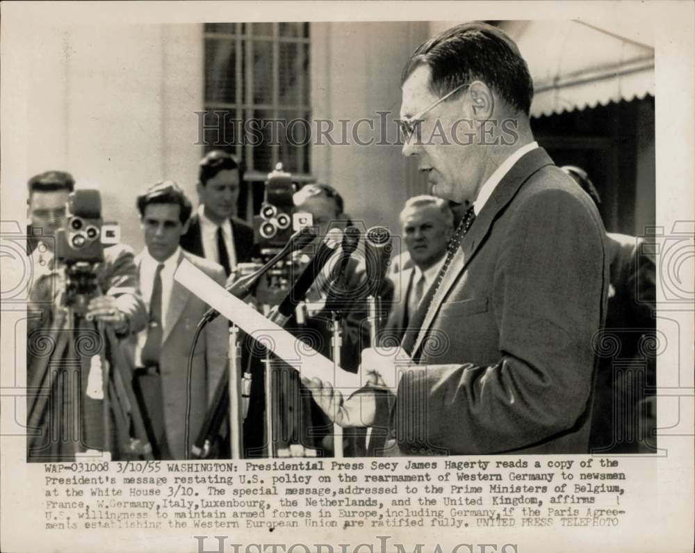 1955 Press Photo Presidential Press Secretary James Hagerty Speaks in Washington- Historic Images