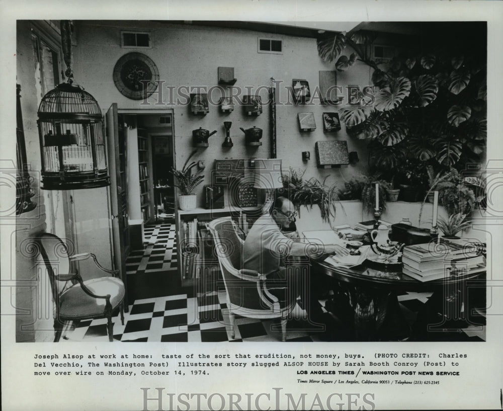 1974 Press Photo Joseph Alsop at work in garden room in his Georgetown home- Historic Images