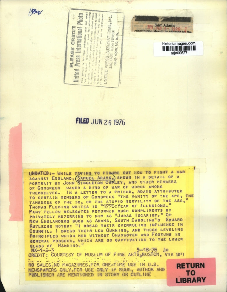 1976 Press Photo Samuel Adams while thinking how to fight a war against England