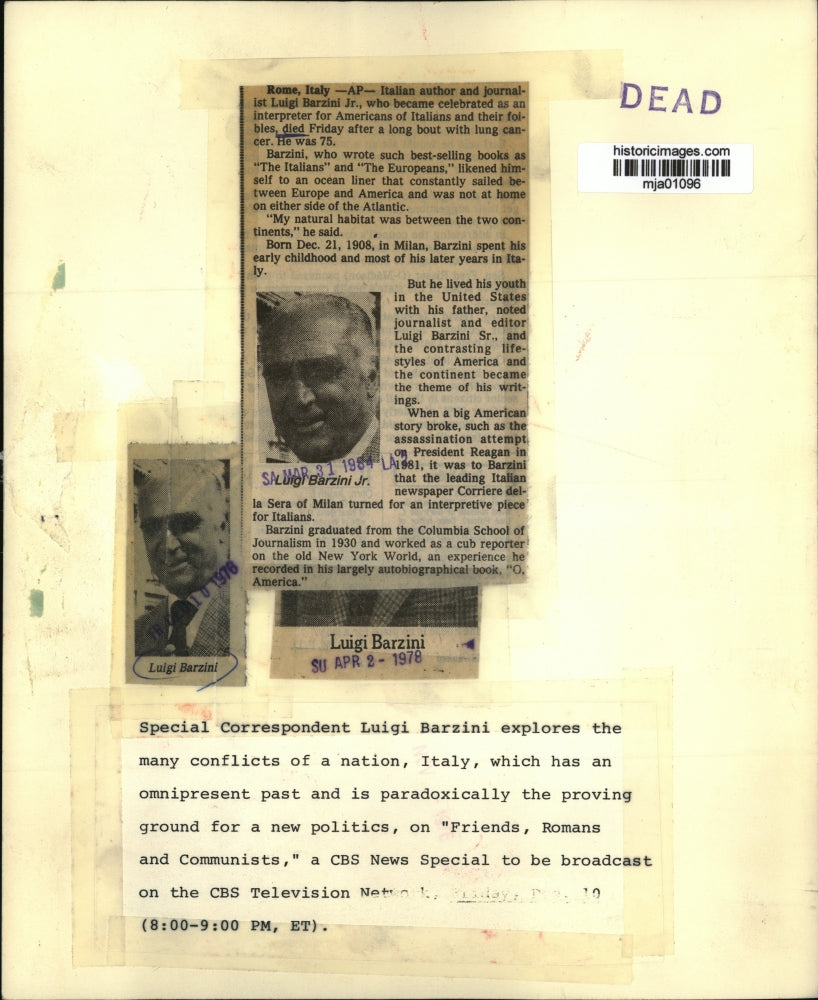 1978 Press Photo Corespondent Luigi Barzini in Friends, Romans and Communists