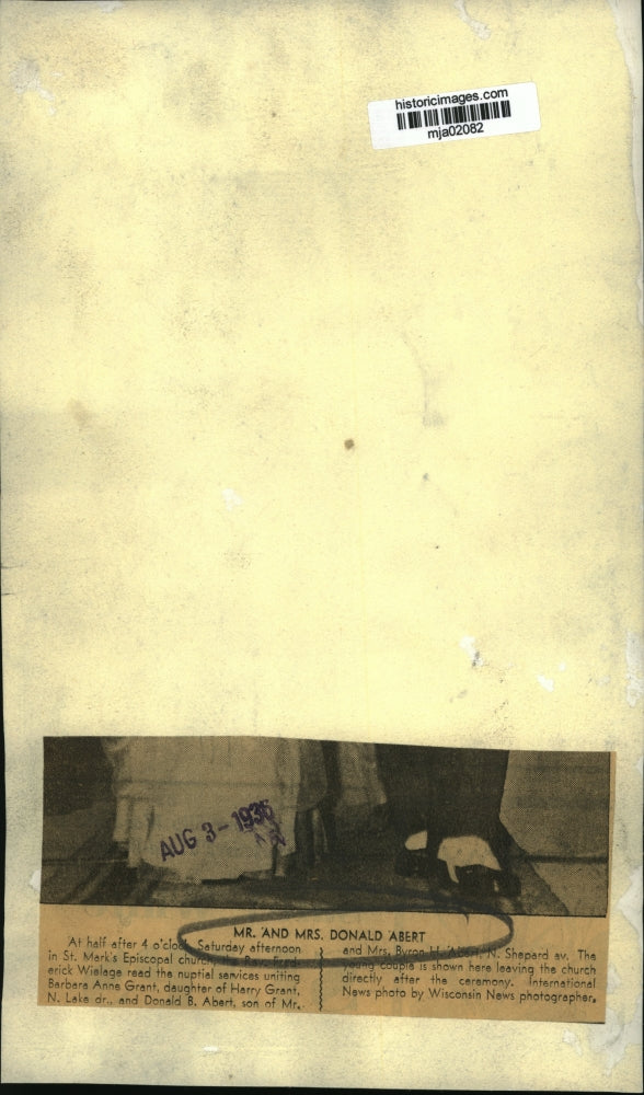 1936 Press Photo Barbara Anne Grant & Donald B Abert nuptials