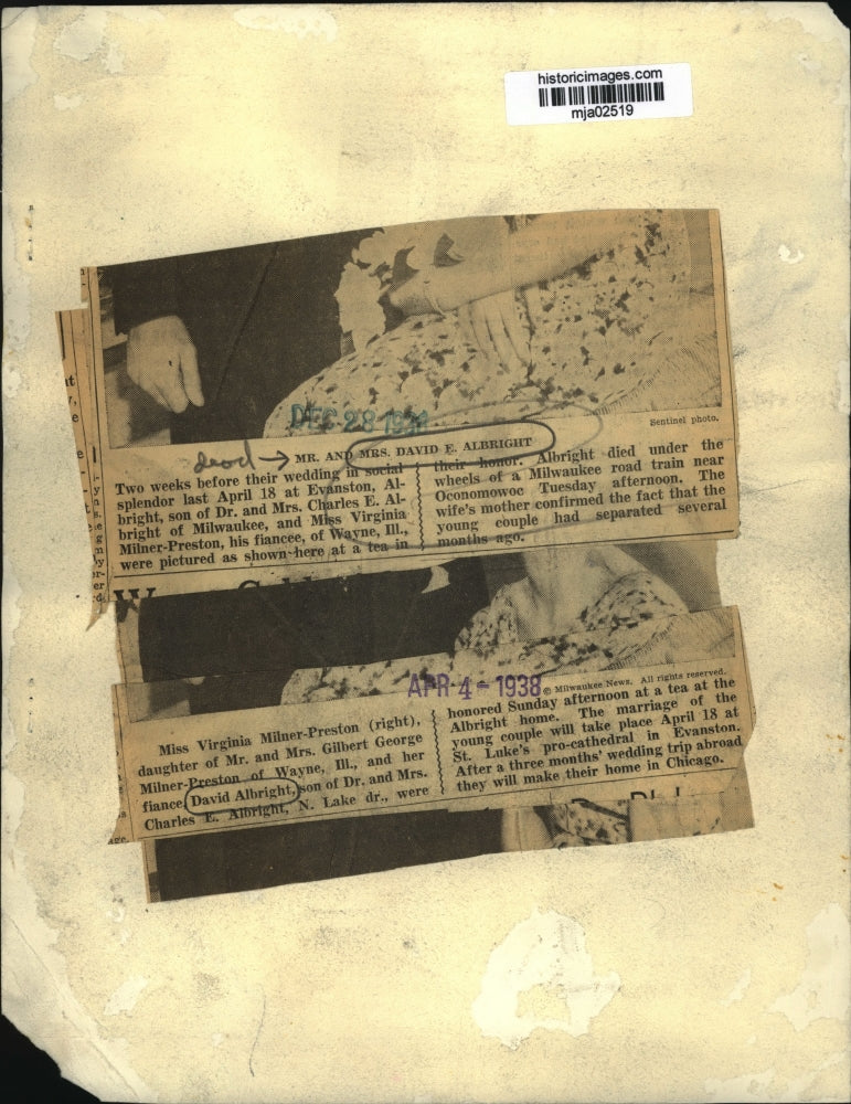 1938 Press Photo Mr. and Mrs. David E. Albright - mja02519