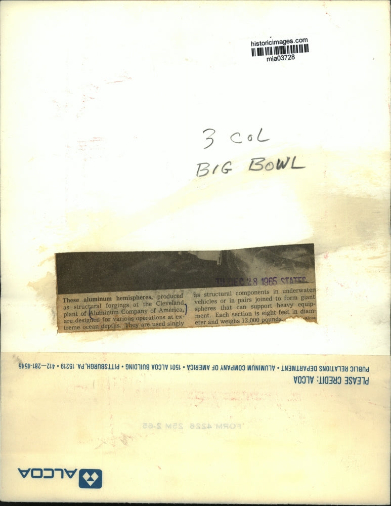 1965 Press Photo Aluminum hemispheres by Cleveland plant of Aluminum Company