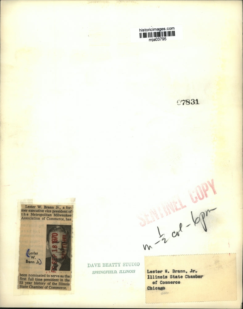 1970 Press Photo Lester W. Brann Jr., Illinois State Chamber of Commerce Chicago