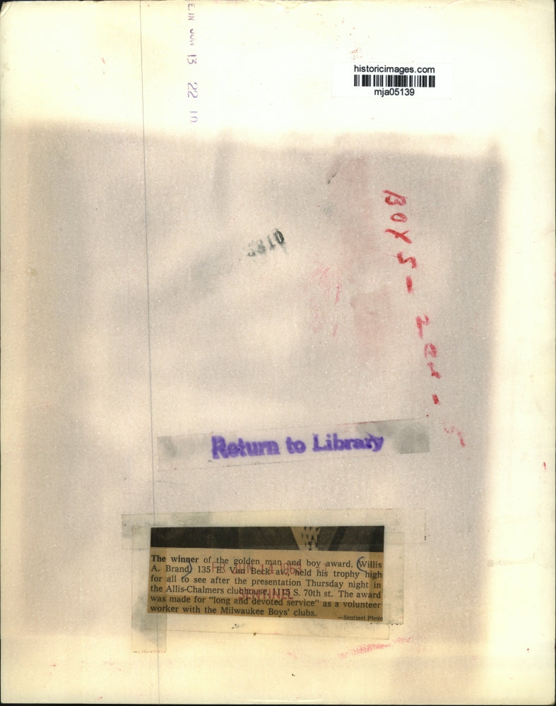 1963 Press Photo The winner of the golden man & boy award, Willis A Brand