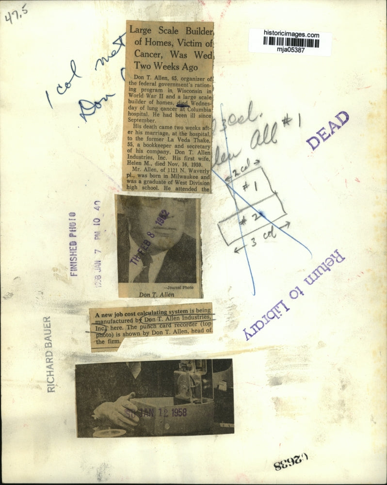 1958 Press Photo Don T. Allen showing punch card recorder - mja05387