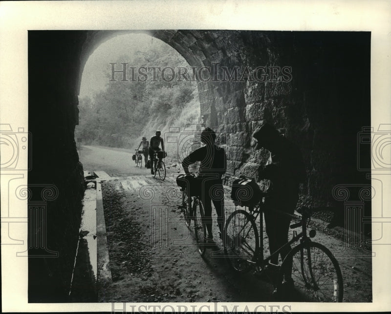 Load image into Gallery viewer, 1985 Press Photo Cyclist Tom and Barbara Sitkiewitz on Elroy-Sparta Trail
