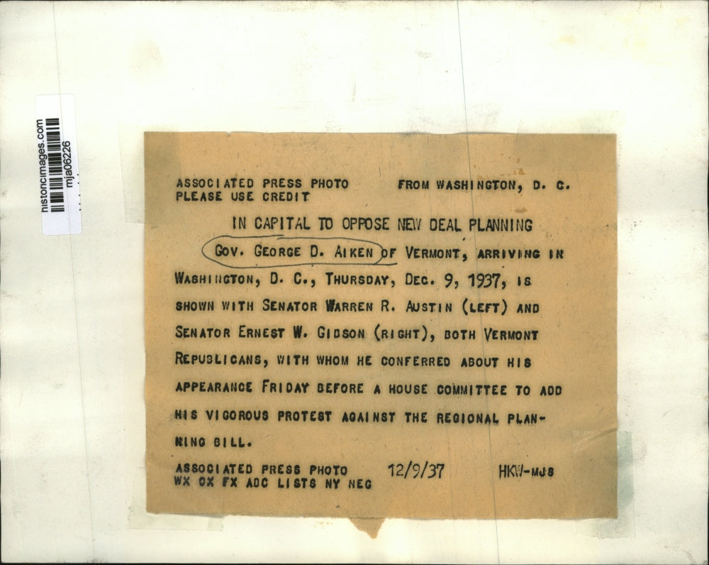 1937 Press PhotoGov. George D. Aiken,Sen. Warren R. Austin,Sen. Ernest W. Gibson
