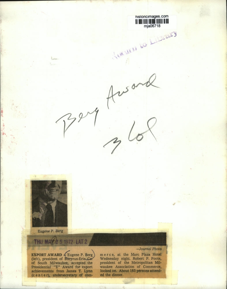 1972 Press Photo Eugene P. Berg president of Bucyrus-Erie Co. of South Milwaukee