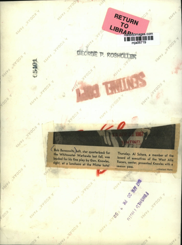 1967 Press Photo Bob Berezowitz, Gov. Knowles, Al Schara