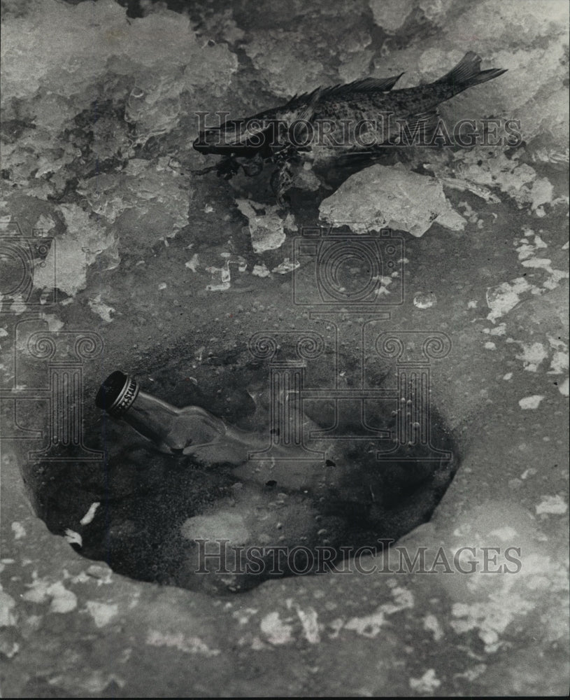 1989 Press Photo A bottle left behind froze in a Fishing hole in Cedar Lake - Historic Images