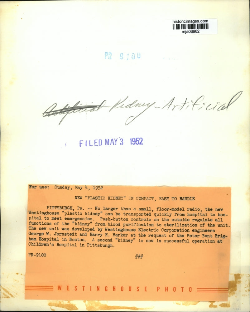 1952 Press Photo The new Westinghouse "plastic kidney" - mja06962