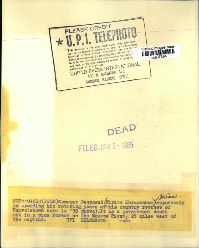 Load image into Gallery viewer, 1965 Press Photo Nikita Khrushohev reportedly spending his years at Usovo
