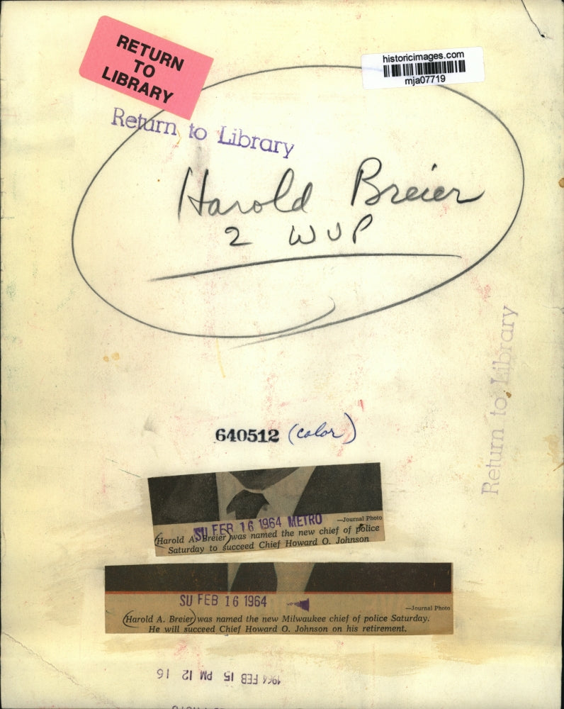 1964 Press Photo Harold A. Breier new chief of Police to succeed Chief Johnson