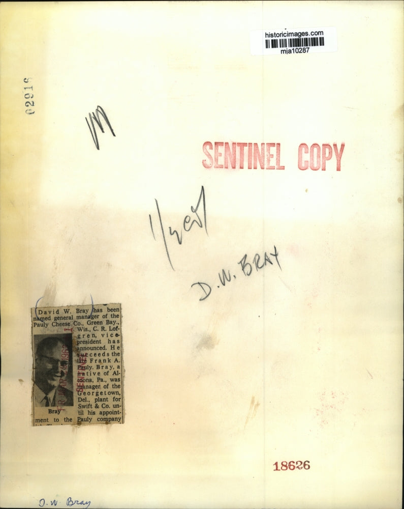 1963 Press Photo David Bray, Pauly Cheese Co. general manager in Green Bay