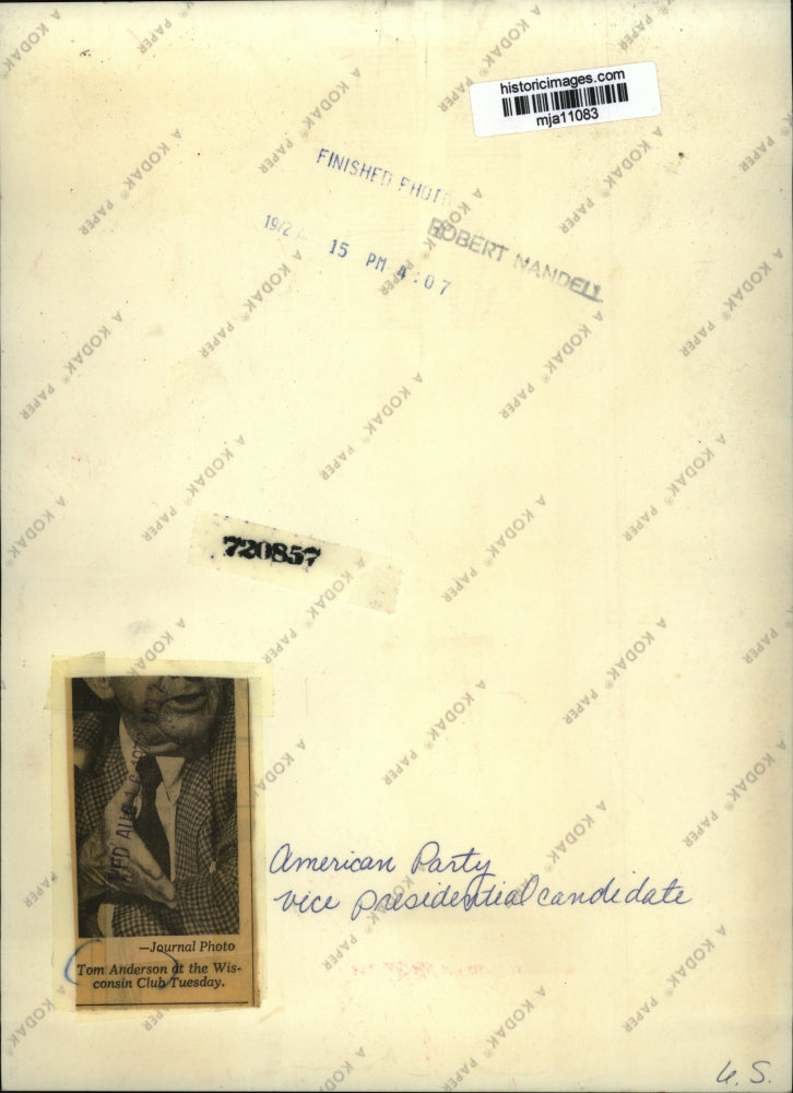 1972 Press Photo Tom Anderson, American Party, vice presidential candidate