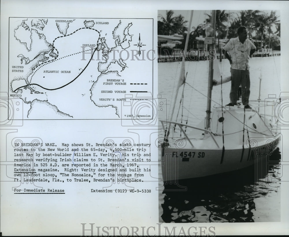 1967 Press Photo Map shows St Brendan&#39;s sixth century routes to the New World- Historic Images