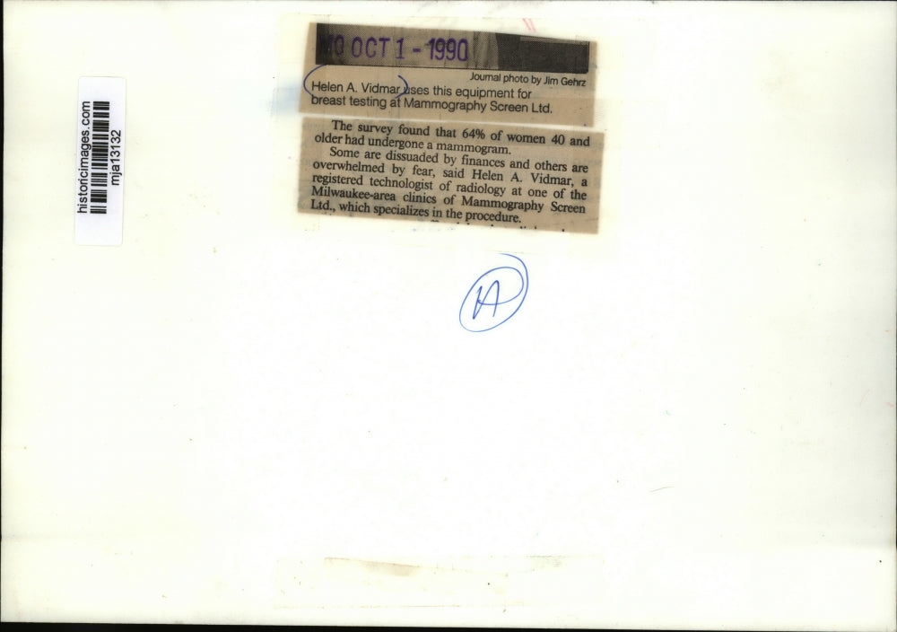 1990 Press Photo Helen A. Vidmar uses this equipment for breast testing